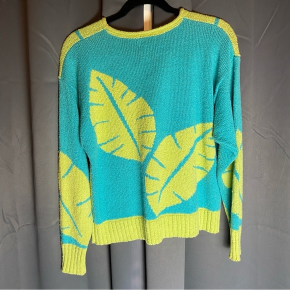 Vintage PBJ Sport Leaf Patterned Green and Blue‎ Cardigan Sweater Size Medium - Picture 2 of 6